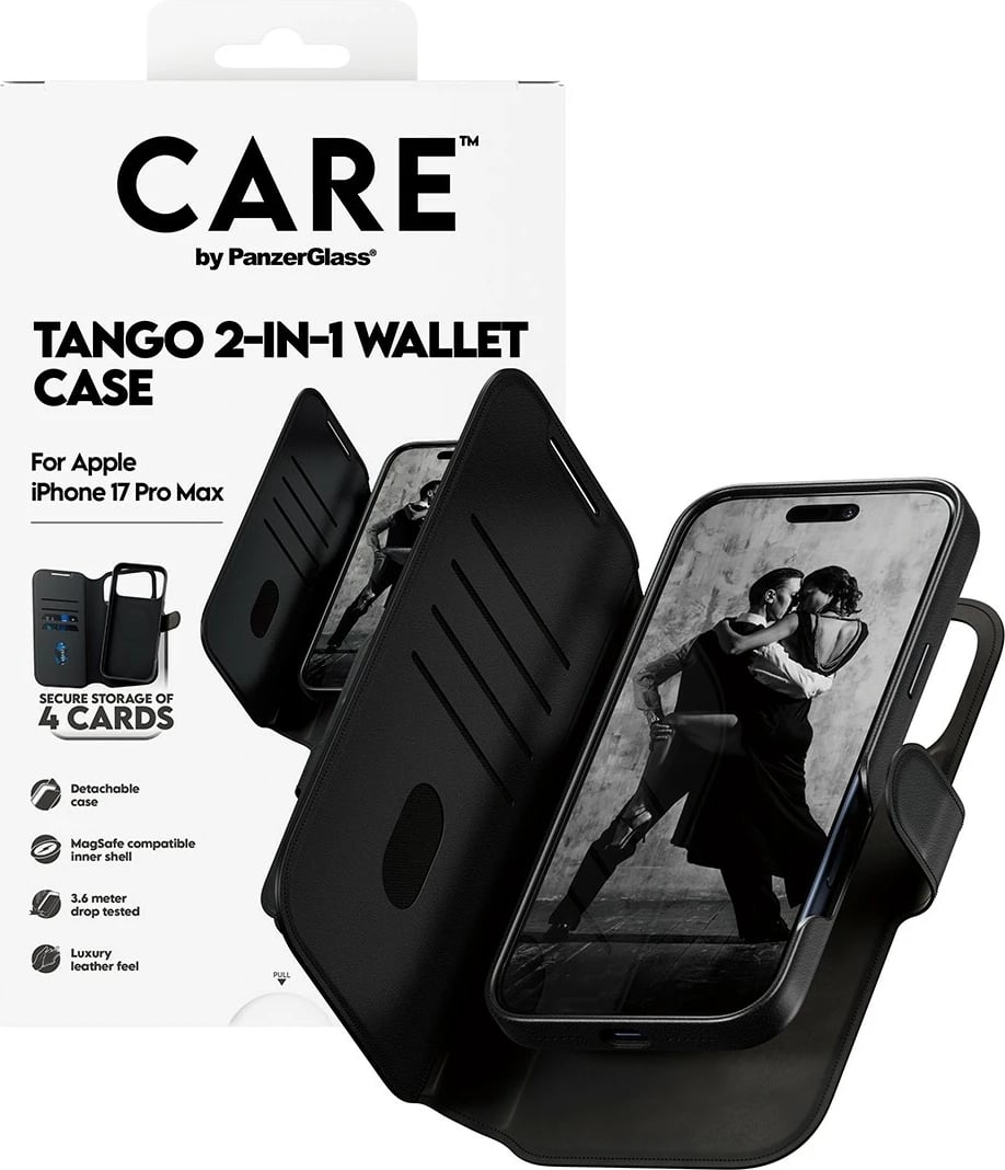 Mbështjellës PanzerGlass CARE Feature Case Tango 2in1 Wallet MagSafe për iPhone 17 Pro Max, i zi
