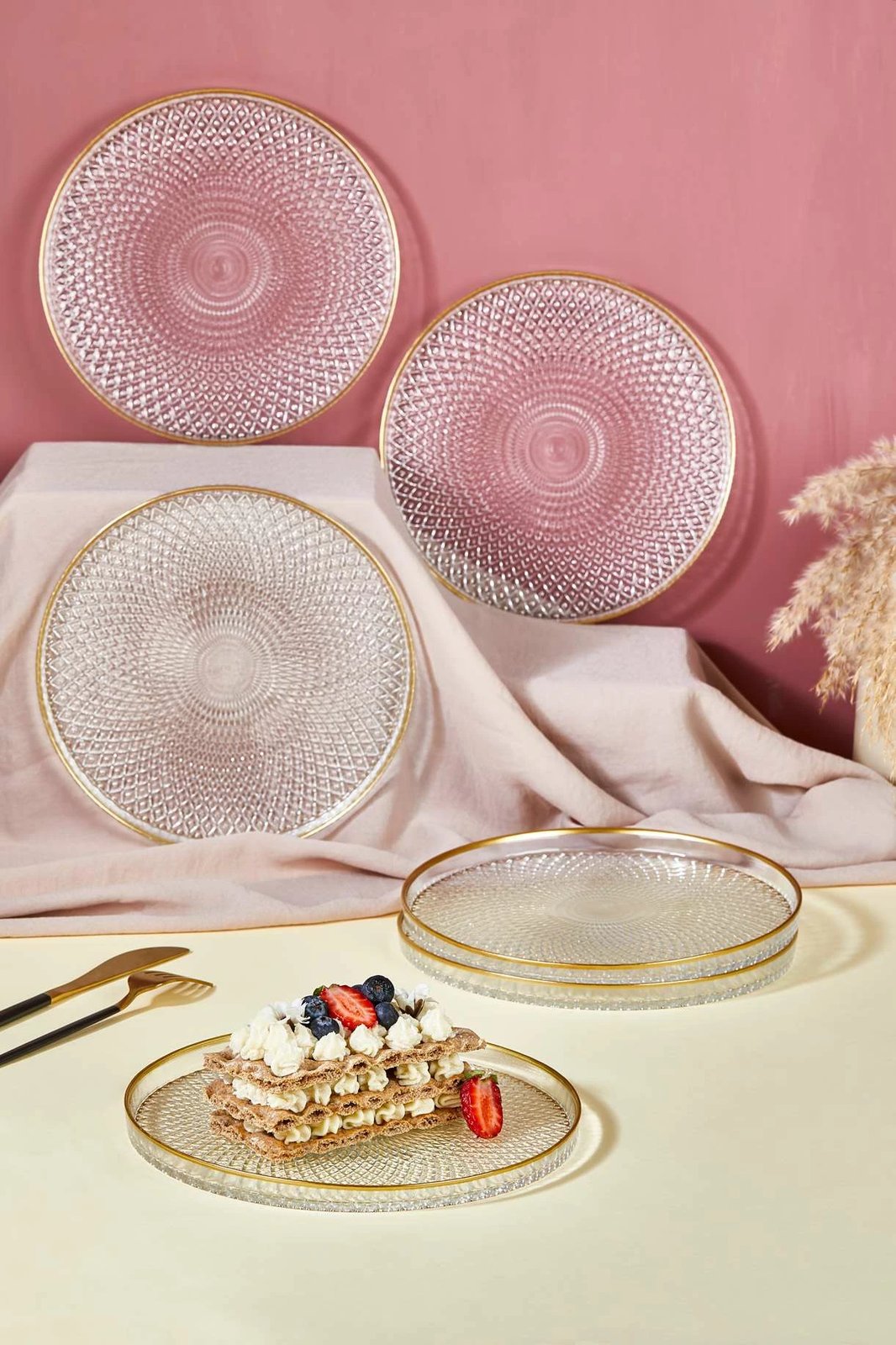 Set pjatash ëmbëlsirash (6 copë), Hermia, Mina, xham transparent, 21cm