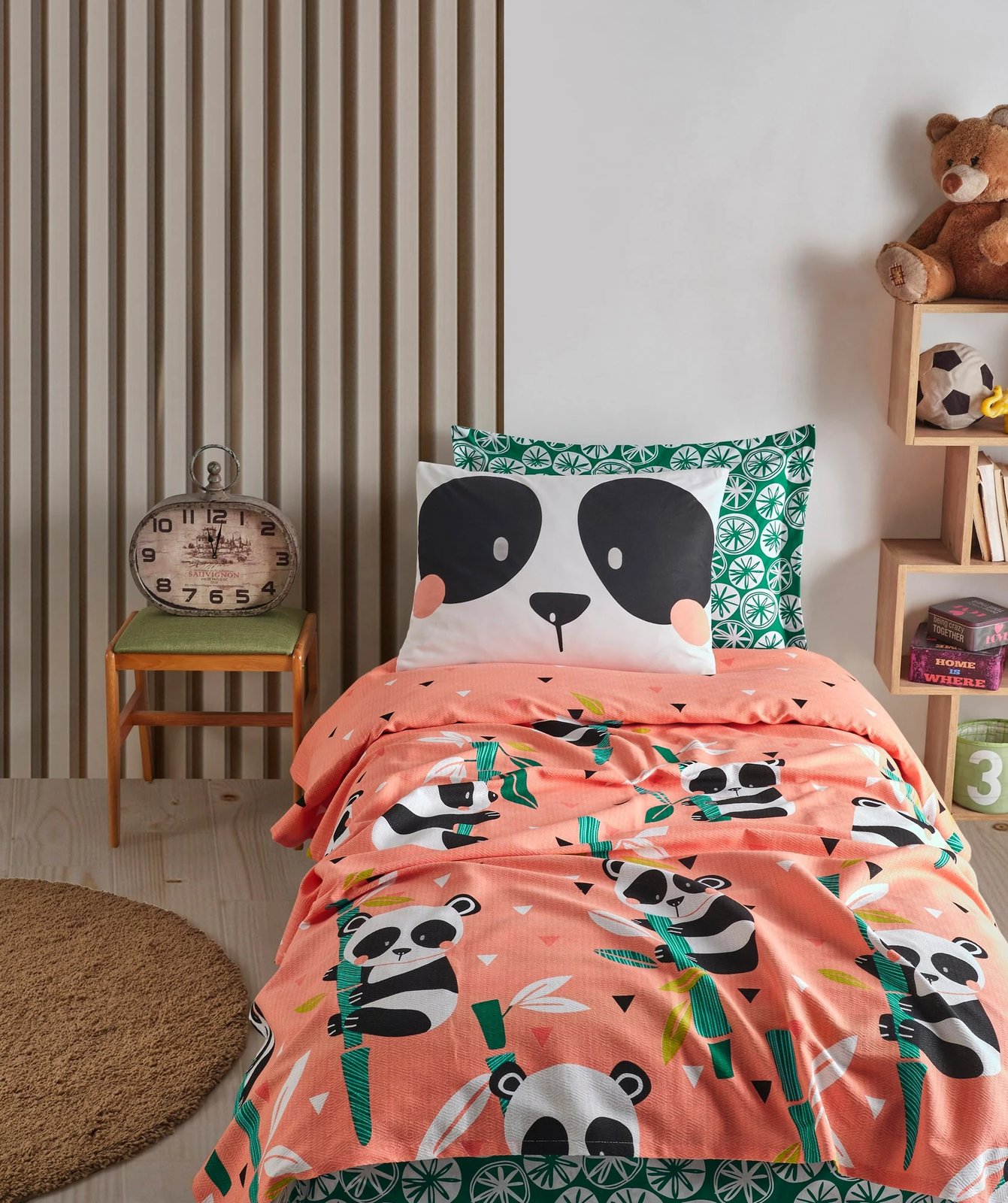 Çarçaf njësh për fëmijë, pambuk 100%, panda, rozë, jeshile, zi, bardhë, 140x200cm