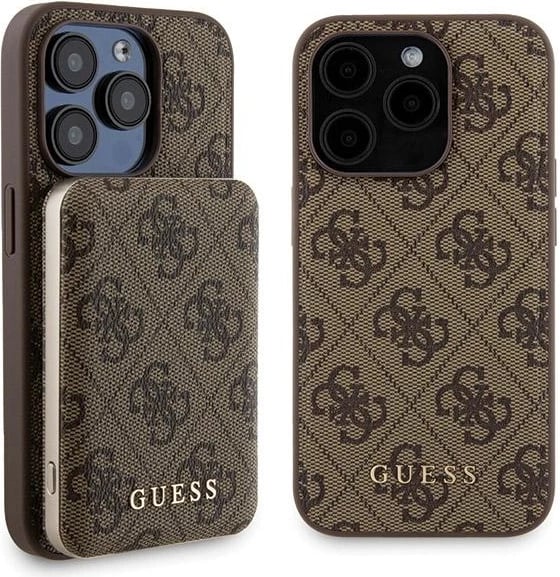 Mbështjellës Guess 4G Metal Logo për iPhone 15 Pro + Powerbank MagSafe 5000mAh, Kafe, Set