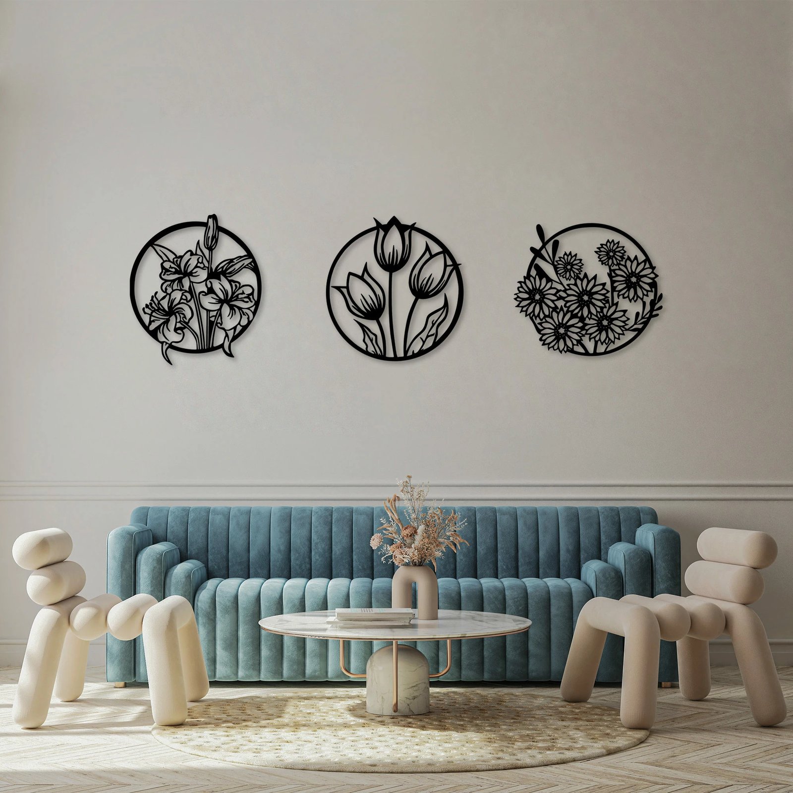 Aksesor dekorativ metalik për mur, lule, 3 copë, Wallity, 72x79cm