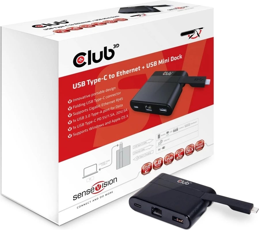 Adapter Club 3D SenseVision USB Type-C në Ethernet Gigabit LAN + USB 3.0 + USB Type-C, i zi