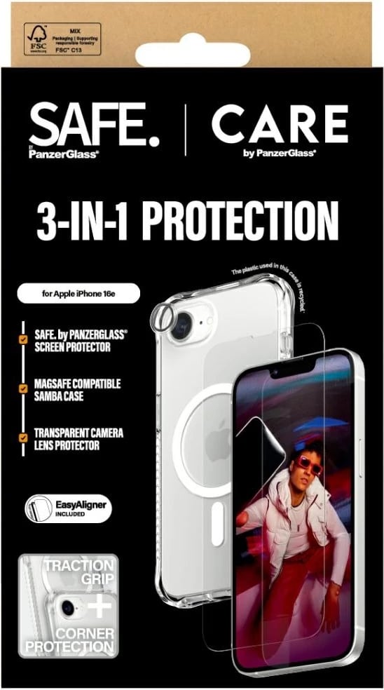 Set mbrojtës 3-në-1 për celular PanzerGlass CARE Fashion, për iPhone 16e, transparent