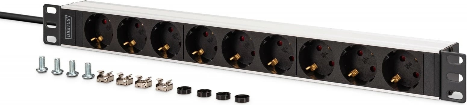 PDU listë rryme rack 19" Digitus DN-95440, 1U, 9 priza Schuko 45°, IEC C20, kabllo 2 m, 16A, alumini, e zezë/argjend PDU listë rryme rack 19" Digitus DN-95440, 1U, 9 priza Schuko 45°, IEC C20, kabllo 2 m, 16A, alumini, e zezë/argjend