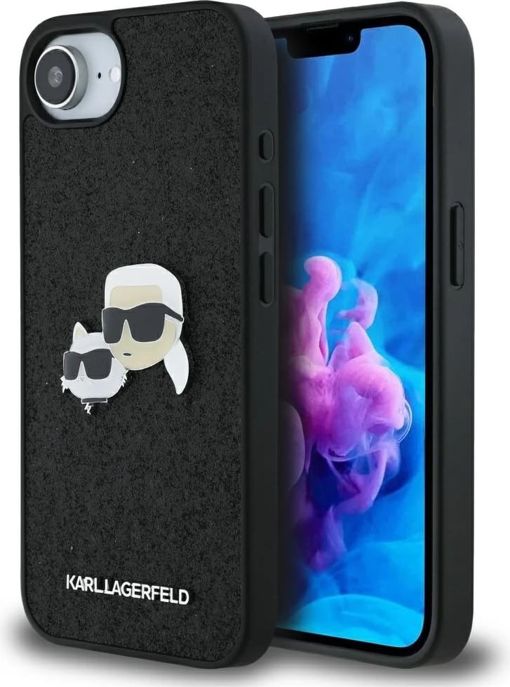 Mbështjellës Karl Lagerfeld Fixed Glitter Karl&Choupette Heads Metal Pin për iPhone 16e, i zi