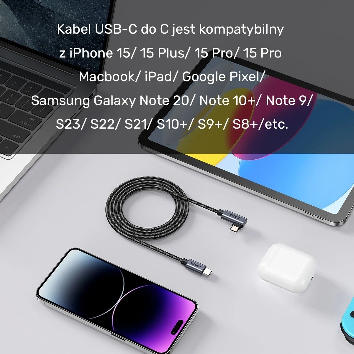 Kabëll USB-C Unitek, 90° PD100W, 1m, zi-gri Kabëll USB-C Unitek, 90° PD100W, 1m, zi-gri