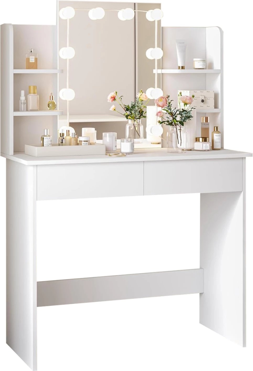 Tavolinë për grim me LED, rafte dhe sirtarë, ngjyrë e bardhë, LAURYN FH2502.03, 101.8x40x139.5H cm