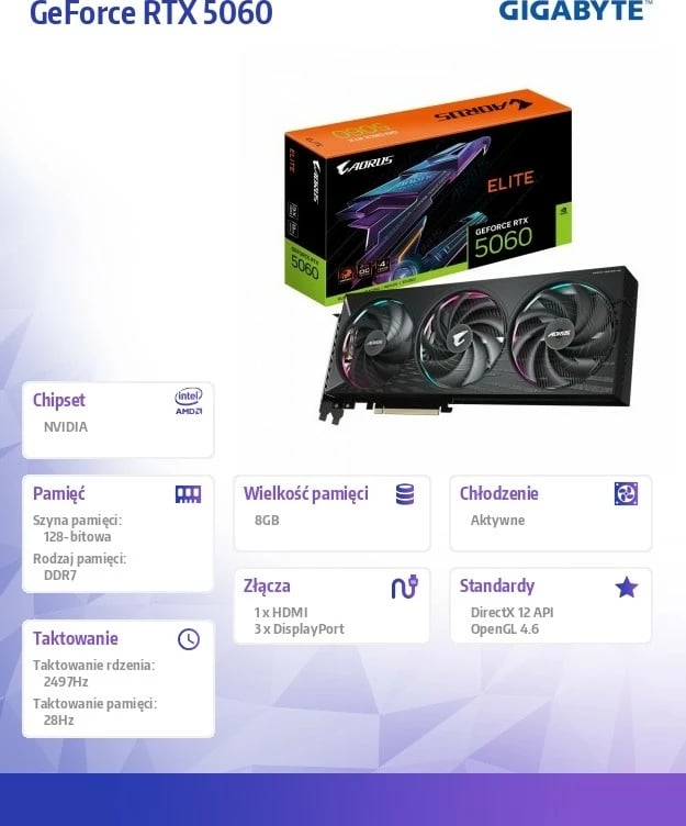 Kartelë grafike Gigabyte AORUS GeForce RTX 5060 ELITE, 8GB GDDR7, PCI-E 5.0, e zezë