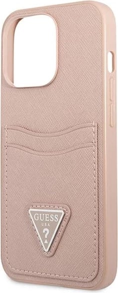 Mbështjellës Guess Saffiano Triangle për iPhone 13 Pro / 13, hardcase, rozë, me hapësirë kartelash
