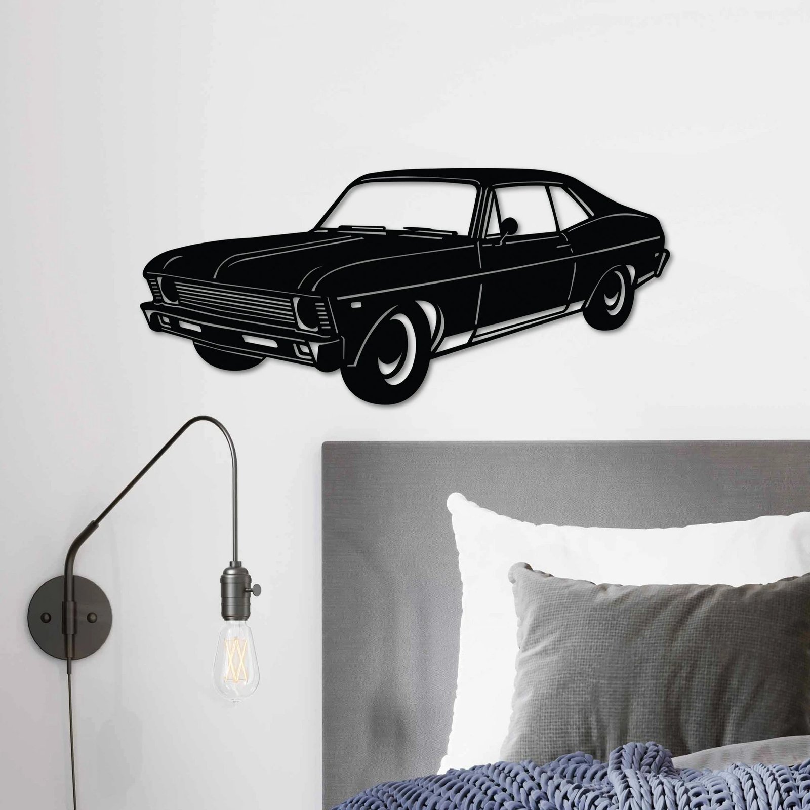 Aksesor dekorativ metalik për mur, Chevrolet Nova 1972, sedan klasik, ngjyrë e zezë, 60x27cm