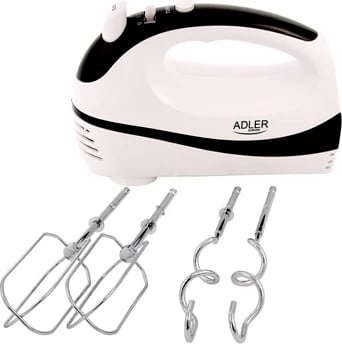 Mikser dore, Adler AD 4205, 300W (max 550W), 5 shpejtësi, Turbo, set rrahëse + spiralë, bardh e zi