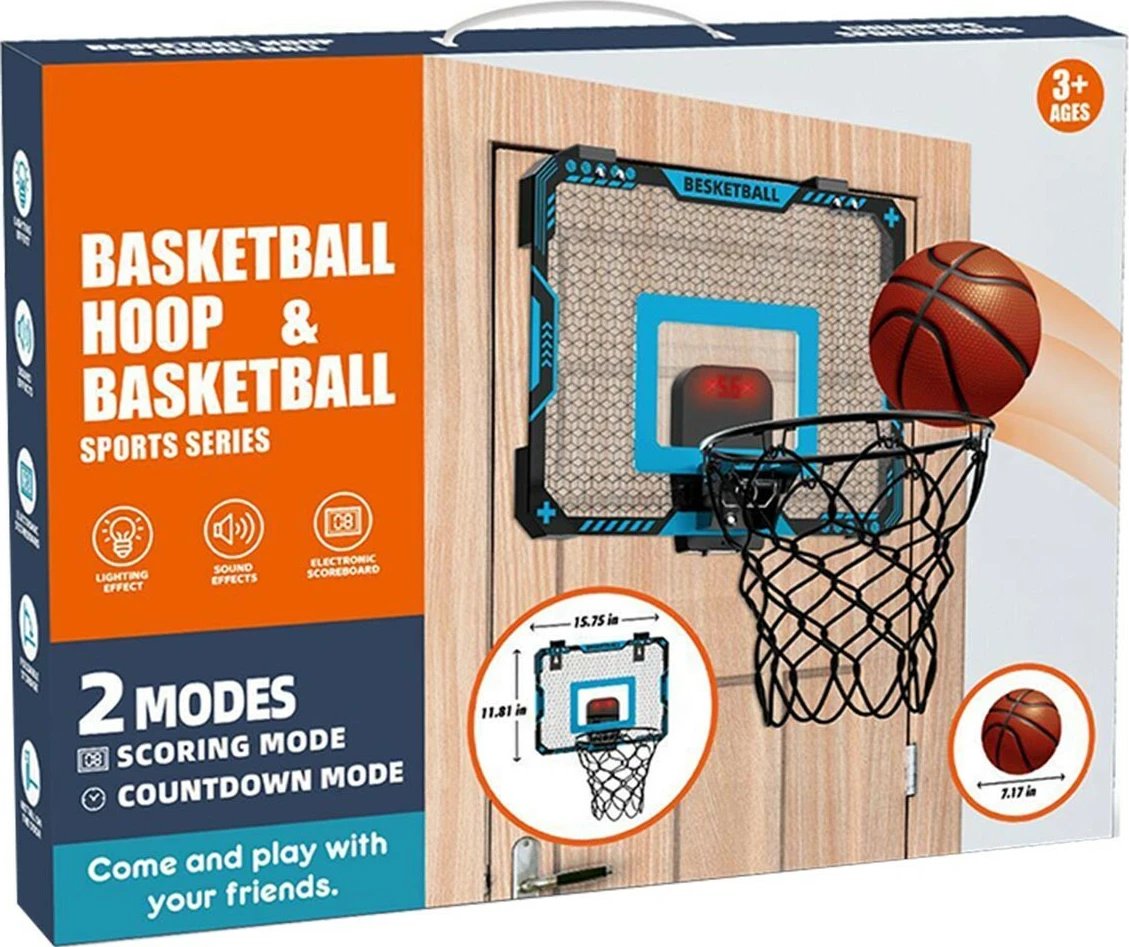 Set basketbolli Madej 011790 me tabelë 40x30cm, top 18cm, pompë, elektronik, zi/blu