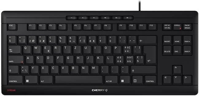 Tastierë Cherry STREAM TKL, me kabllo, USB, çelës gërshërë, QWERTZ, e zezë
