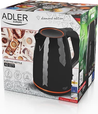 Çajnik elektrik, Adler, AD 1277, 1.7 L, 2200W, plastikë, bazë 360°, i zi