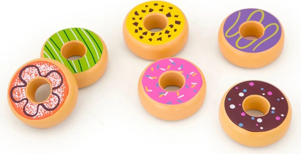 Lodër druri, Viga, donut prej druri, diametër 60 mm, për 18+ muaj, shumëngjyrësh, set 6 copë