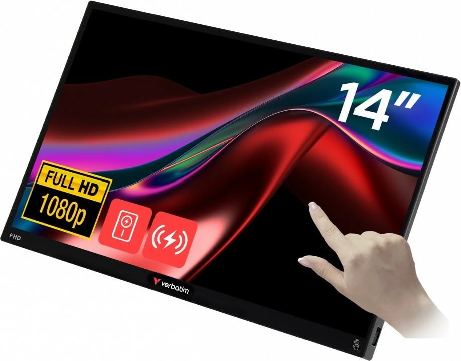 Monitor portabël me prekje, Verbatim, GMVE32088PLG Light 14-inch FHD IPS 60Hz, 10-point touch, 2x USB-C + HDMI, altoparlantë të integruar, me power bank 5000mAh, i zi