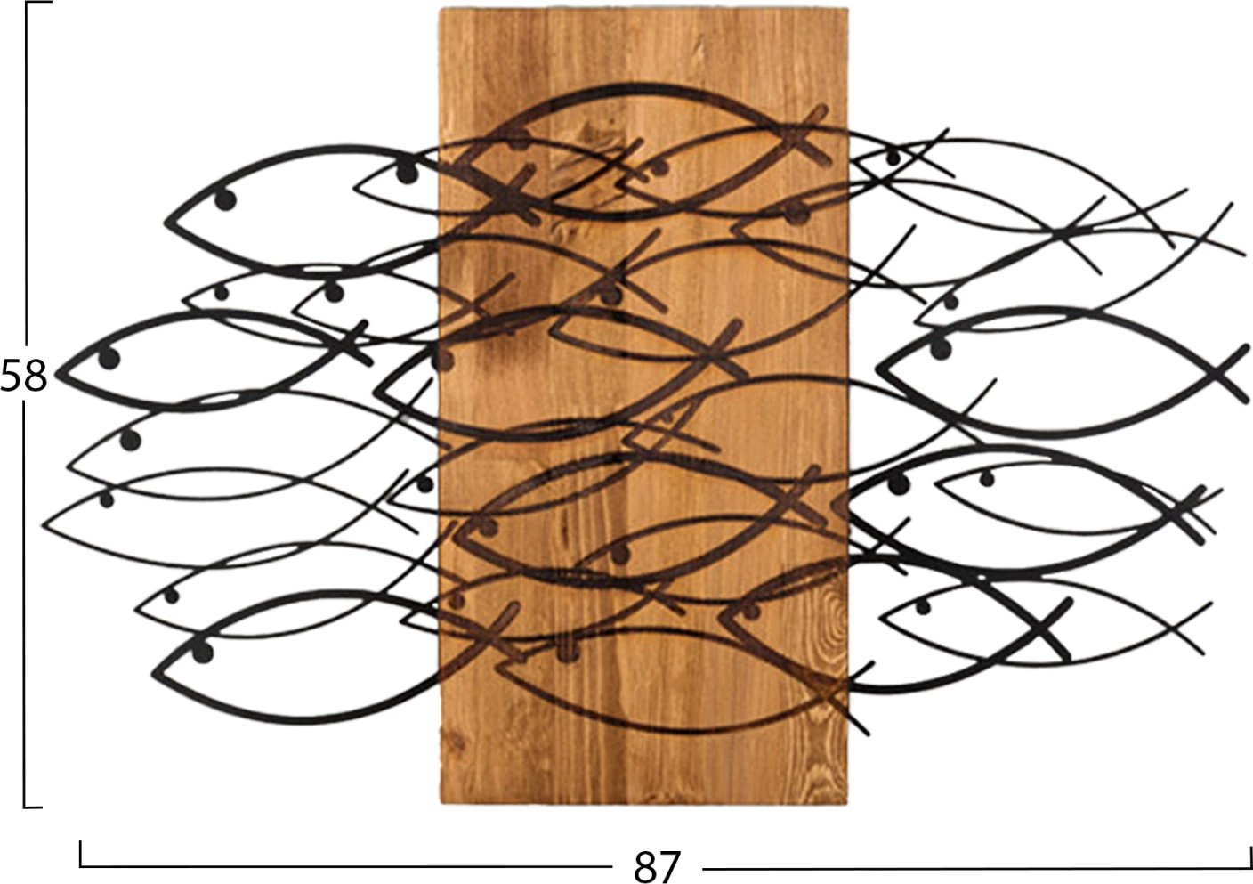 Dekor muri me peshq, metal i zi, dru natyral, FH4811, 87x3x58cm
