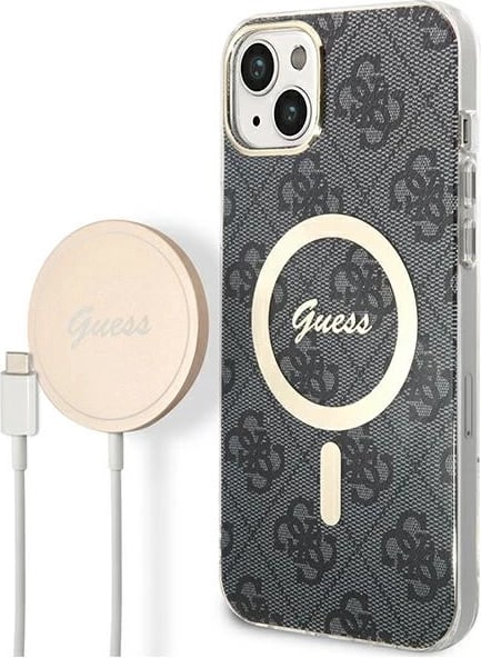 Set mbështjellës Guess GUBPP14MH4EACSK me karikues wireless për iPhone 14 Plus 6.7", zi, 4G Print, MagSafe