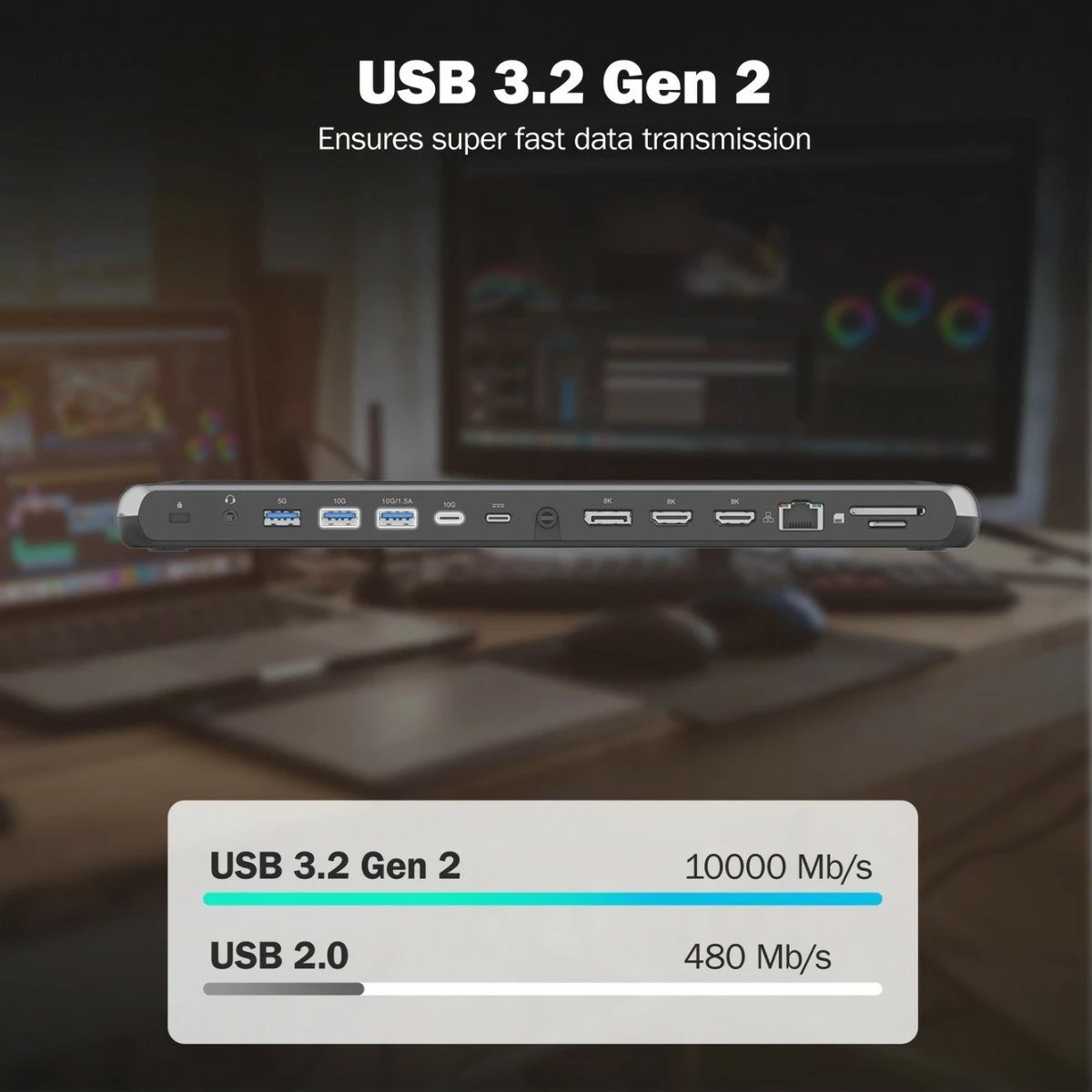 Stacion dokimi USB-C Digitus DA-70919, 12 porta, 8K/30Hz, 3 monitorë, Gigabit Ethernet, SD/MicroSD, PD 100W, zi/gri