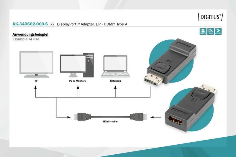 Adapter Digitus DisplayPort në HDMI, AK-340602-000-S, i zi