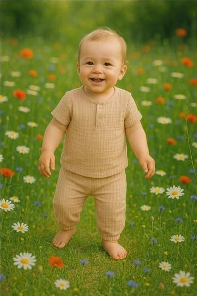 Set 2-copësh T-shirt me mëngë të shkurtra dhe pantallona muslin, New Baby, 100% pambuk, madhësia 86 (12-18m), bezhë