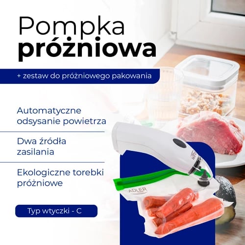 Set vakumimi ushqimi, Adler AD 4515, ekstraktor ajri, 8 L/min, -0.5 bar, AC ose 6xAA, e bardhë, me qese të ripërdorshme dhe mbyllës shishe