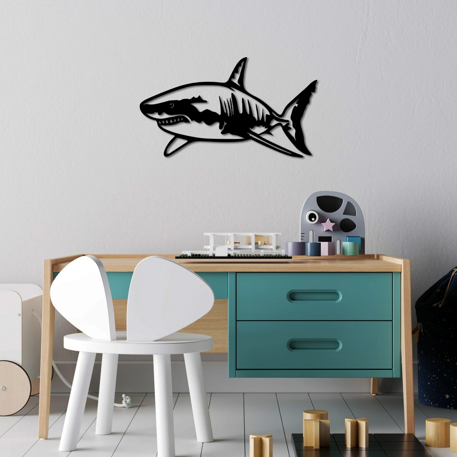 Aksesor dekorativ metalik për mur, peshkaqen, Wallity, i zi, 50x28cm