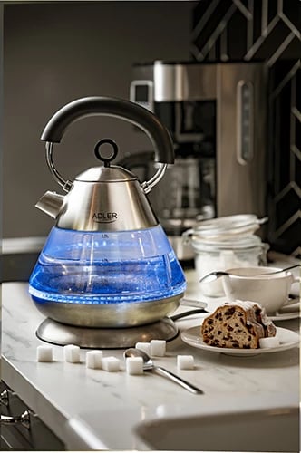 Zierëse uji elektrike, Adler AD 1282, 1.5L, 1850–2200W, STRIX, LED blu, bazë 360°, qelq/çelik, inox