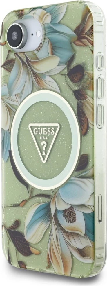 Mbështjellës Guess IML Metal Glitter Flowers Triangle MagSafe për iPhone 16e, Gjelbër Mbështjellës Guess IML Metal Glitter Flowers Triangle MagSafe për iPhone 16e, Gjelbër
