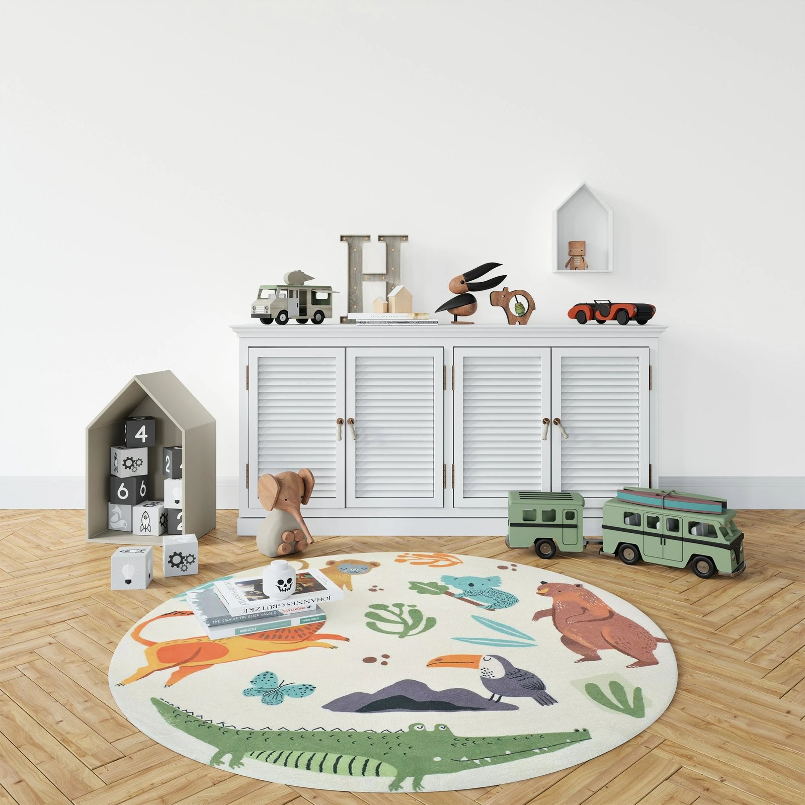 Qilim i rrumbullakët për fëmijë, ngjyrë e bardhë, dizajn me kafshë, Conceptum Hypnose, Woopamuk109, 100x100cm