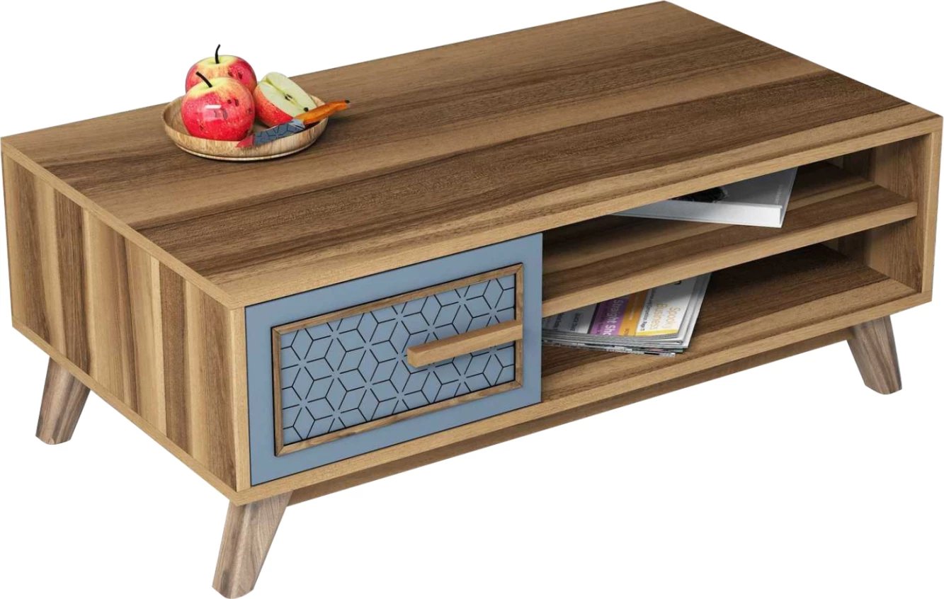 Tavolinë kafeje melamine, ngjyrë arre, me derë kabineti blu, FH9497.02, 105x60x38,2H cm