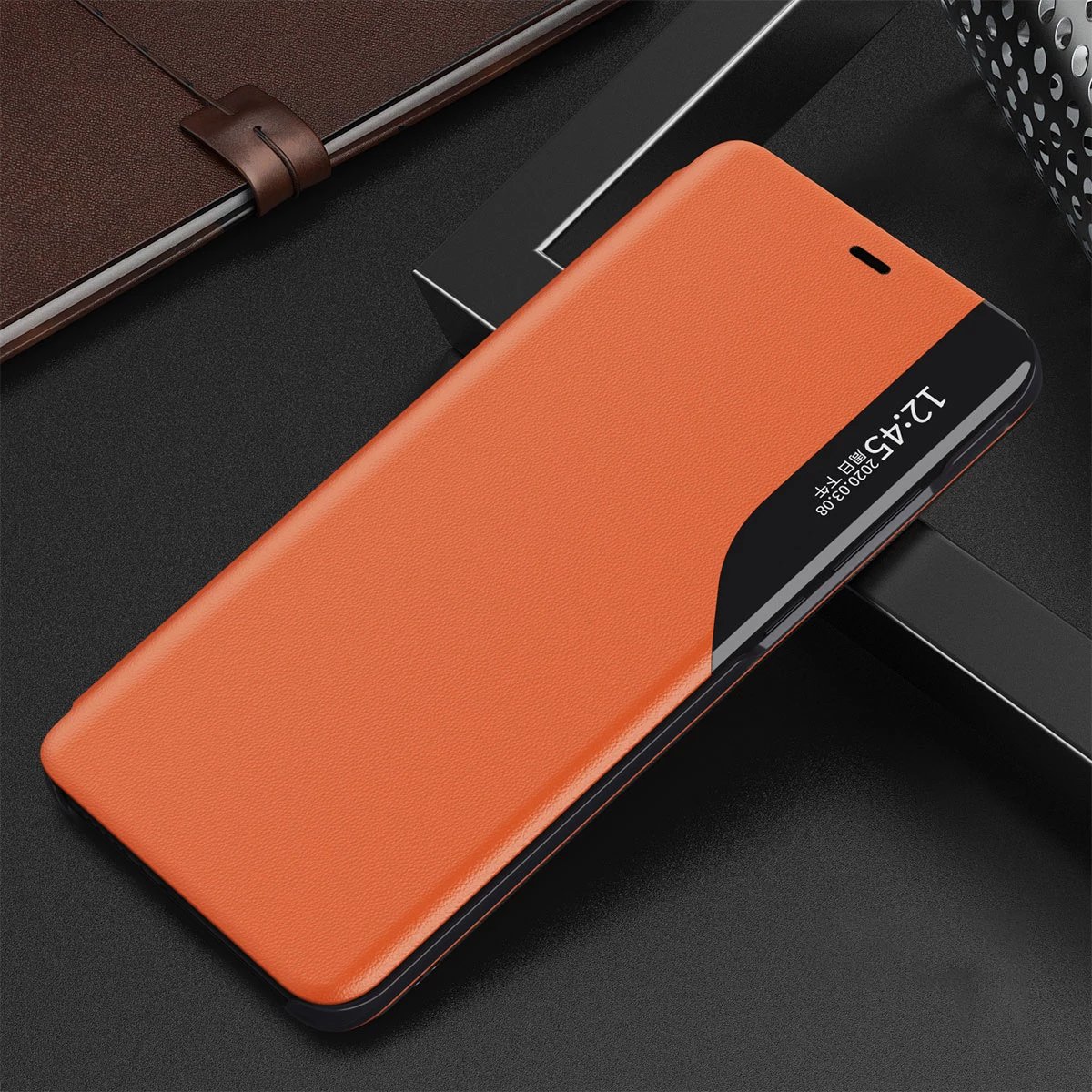 Mbështjellës Hurtel Eco Leather View Case për iPhone 13, me kapak dhe qëndrim, Portokalli