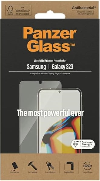 Xham mbrojtës PanzerGlass Ultra-Wide Fit për Samsung Galaxy S23, i tejdukshëm