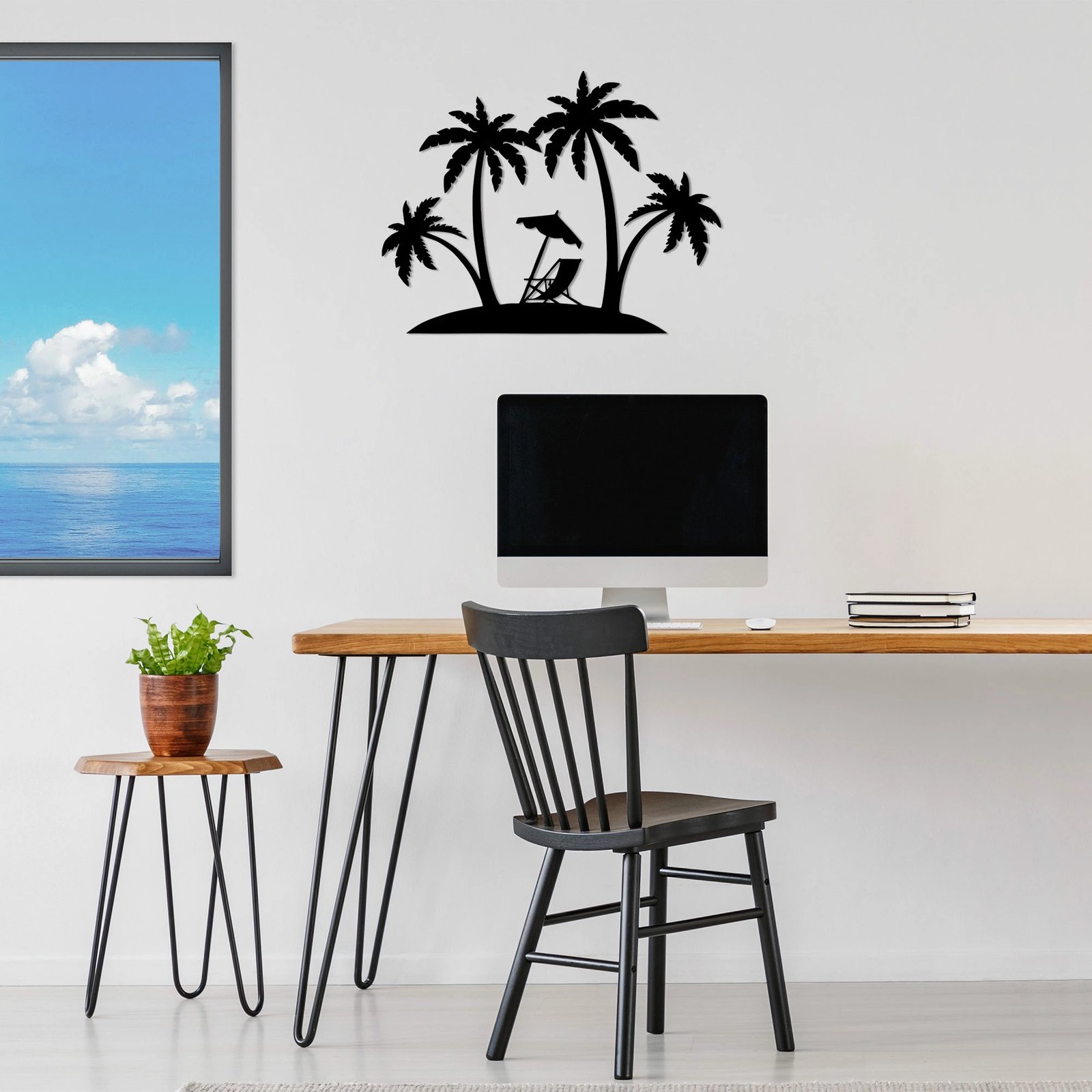 Aksesor dekorativ metalik për mur, palmë, Wallity, 70x54cm, i zi