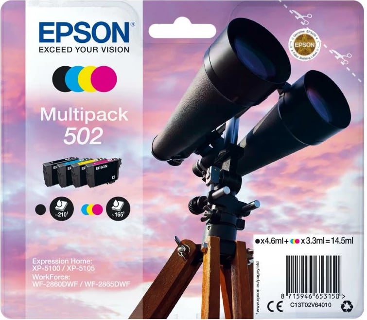 Kartush boje, Epson, 502 Multipack (C13T02V64010), 4-ngjyra CMYK, set 4 copë, e zezë/cyan/magenta/e verdhë