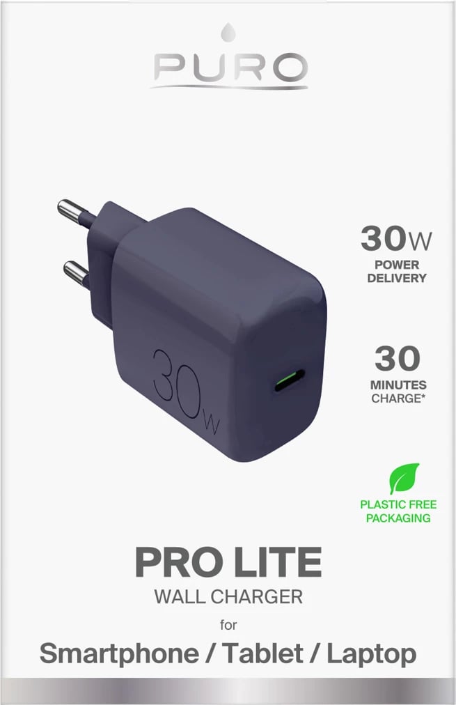 Karikues muri, Puro Pro Lite 30W, USB-C PD 30W, 1 port, prizë EU, gri