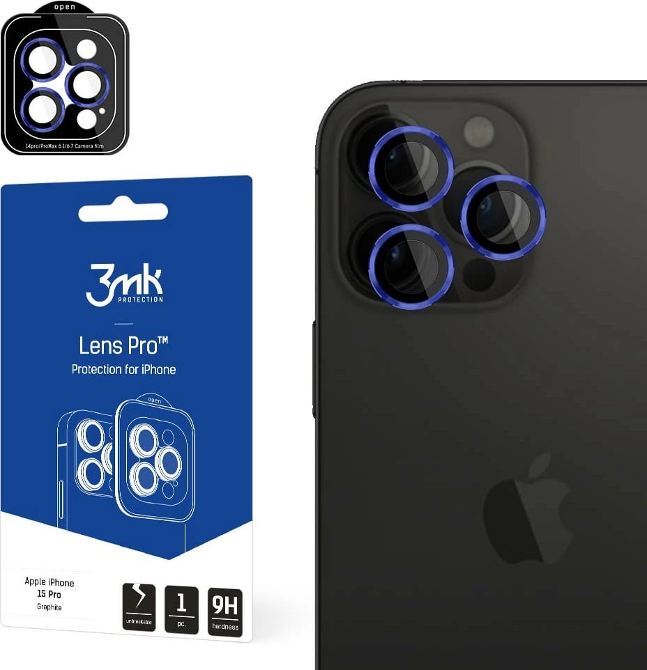Mbështjellës kamerë 3mk Protection Lens Pro për iPhone 15 Pro Max, kornizë kaltër