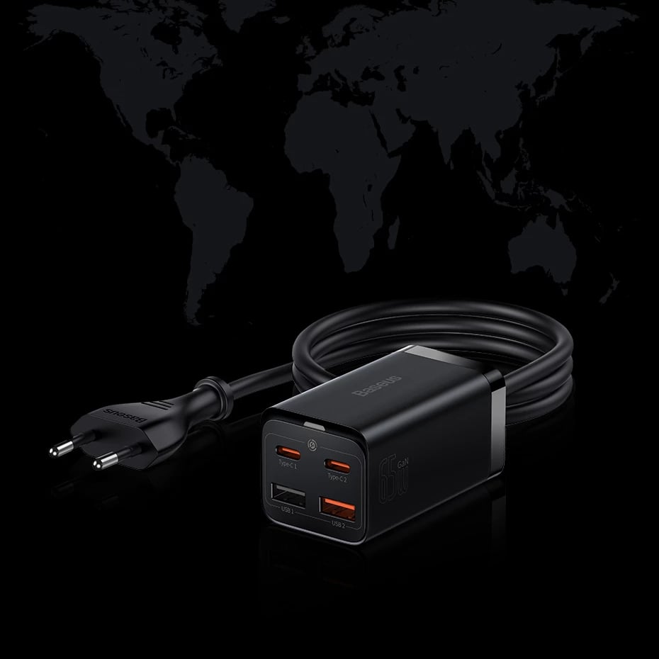 Karikues i shpejtë Baseus GaN3 Pro 65W, 2x USB Type-C, 2x USB, me kabllo USB-C 1m, Zi Karikues i shpejtë Baseus GaN3 Pro 65W, 2x USB Type-C, 2x USB, me kabllo USB-C 1m, Zi