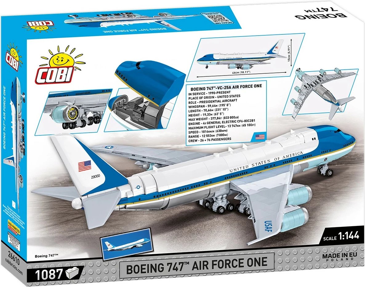 Set blloqe ndërtimi Cobi Boeing 747 Air Force One, 1087 pjesë, plastikë, ekstra i madh