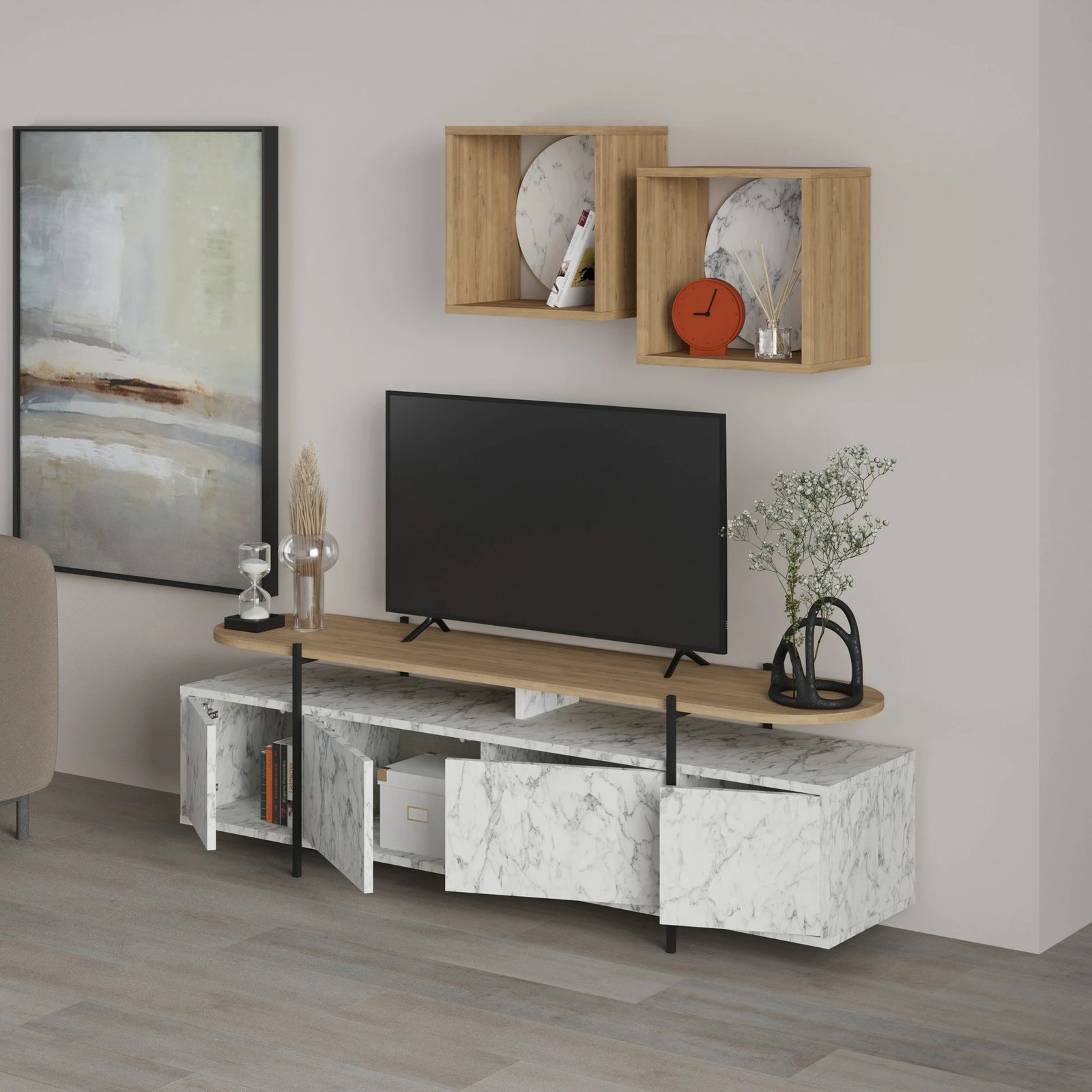 Komodë TV Skye Decor, Carrara, lisi, me rafte muri