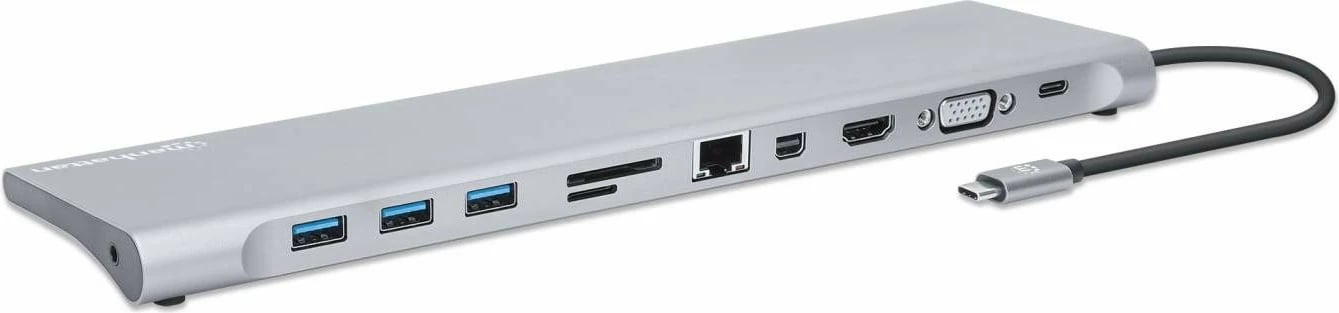 Docking station MANHATTAN USB-C 11in1 MST, për 3 monitorë, argjend