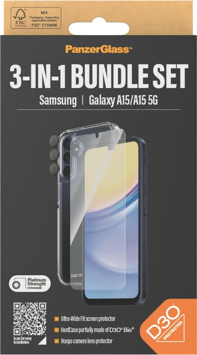 Mbështjellës PanzerGlass Samsung Galaxy A15/A15 5G, set 3-në-1, transparent