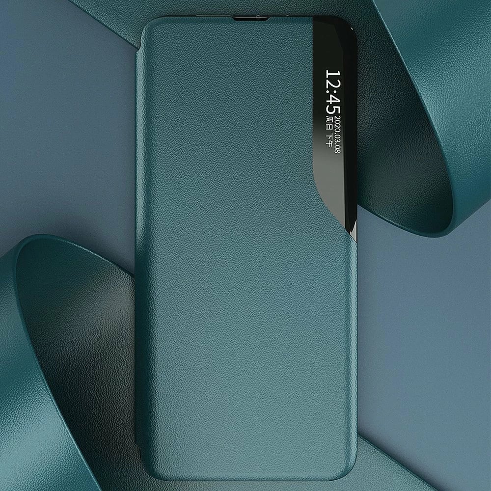 Mbështjellës Hurtel Eco Leather View Case për Samsung Galaxy A72 4G, me kapak dhe qëndrim, i zi