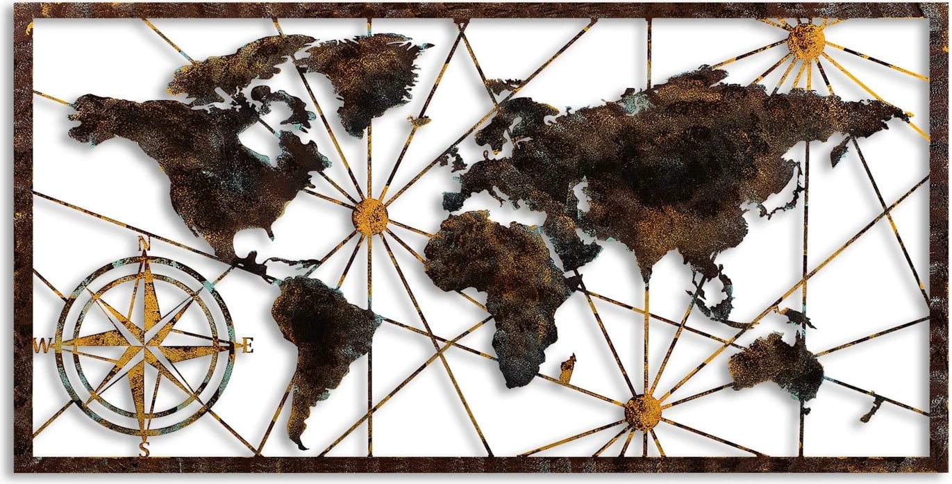 Aksesor dekorativ metalik për mur, hartë bote, madhësi e madhe, Wallity