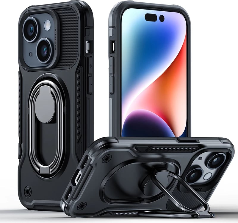 Mbështjellës Joyroom Dual Hinge për iPhone 14 Plus, me këmbalec dhe ring holder, Zi