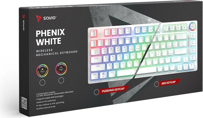 Tastierë mekanike wireless Savio PHENIX WHITE Gateron Red Pro, 82 tasta, RGB, e bardhë Tastierë mekanike wireless Savio PHENIX WHITE Gateron Red Pro, 82 tasta, RGB, e bardhë