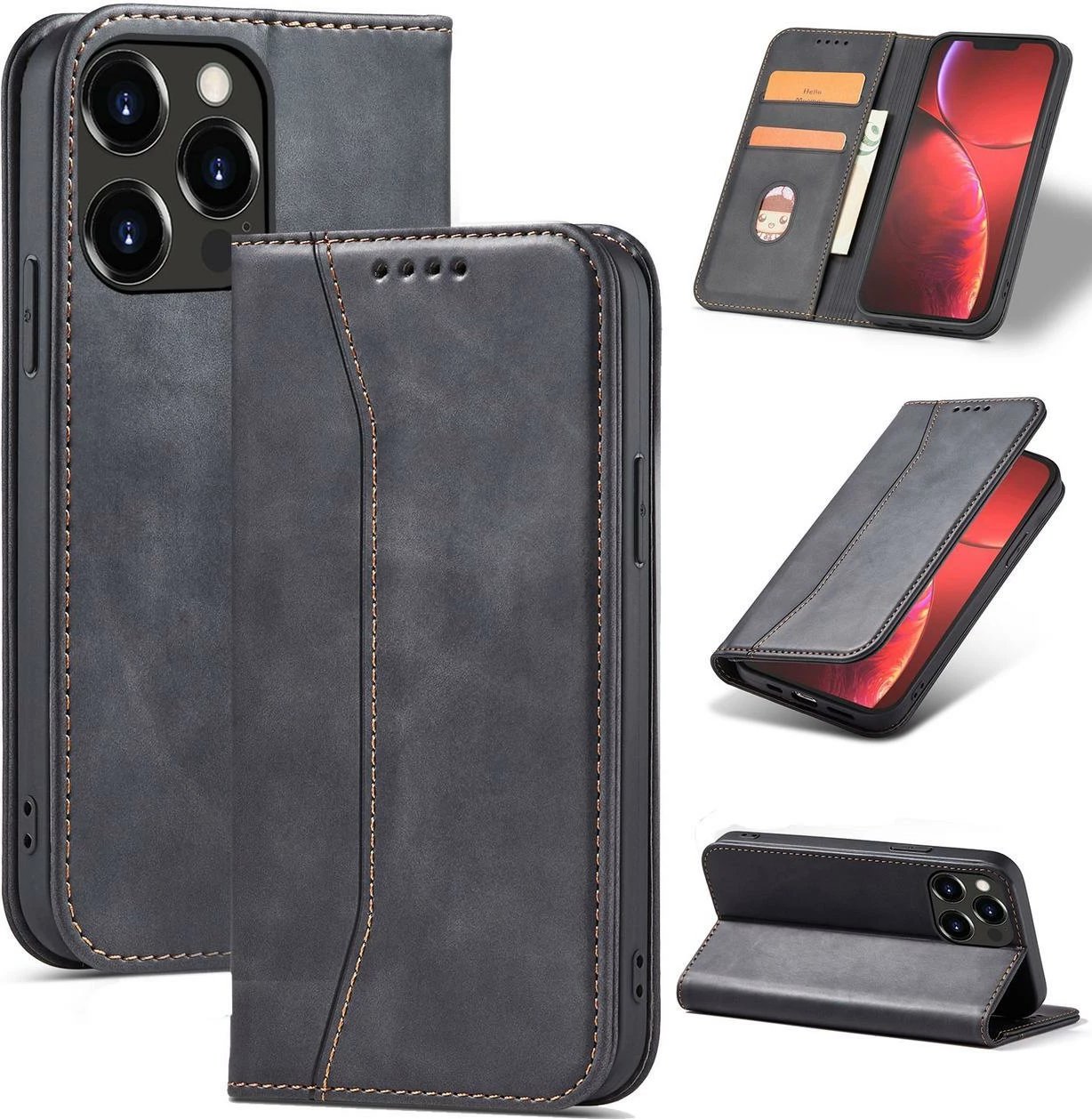 Mbështjellës Hurtel Magnet Fancy Case për iPhone 14 Pro, me kapak, xhepa për kartela dhe qëndrim, e zezë