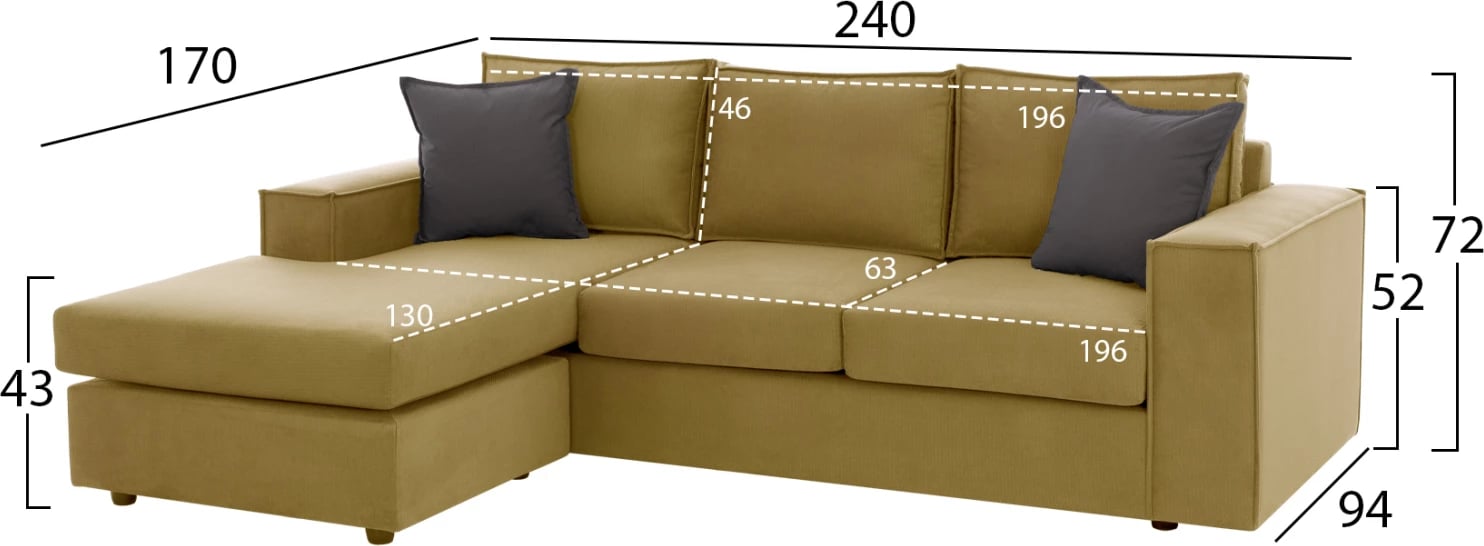 Divan këndor MONACO FH3257.09, ngjyrë ari, i ndërrueshëm, 240x170x86