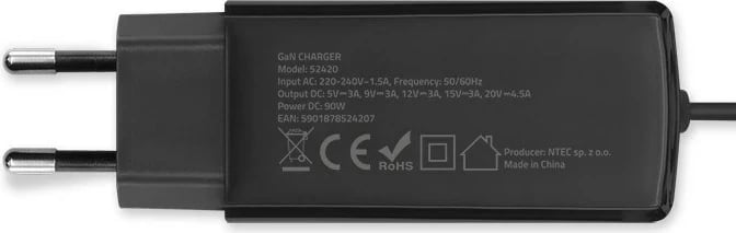 Karikues Qoltec 52420, 90W, GaN, USB-C 3.1, i zi