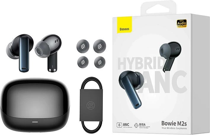 Kufje TWS Baseus Bowie M2s, Bluetooth 5.3, ANC, me kuti karikimi, të zeza Kufje TWS Baseus Bowie M2s, Bluetooth 5.3, ANC, me kuti karikimi, të zeza